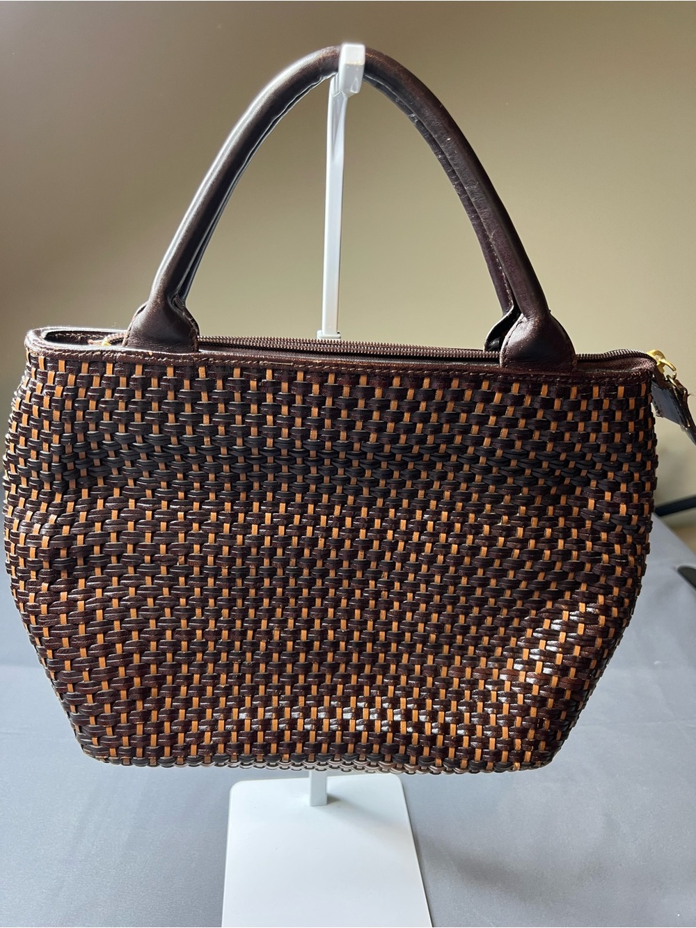 Renoir Woven Leather Handbag | Chocolate Brown & Caramel | Genuine Leather VTG